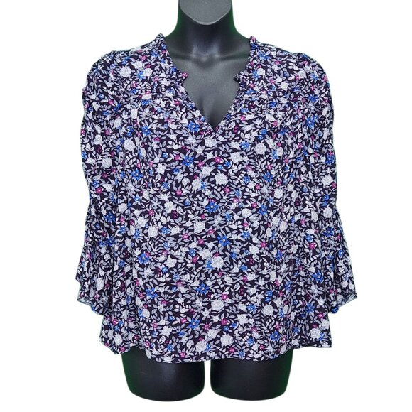 Democracy Floral Top Womens 1X Black Plus Blouse Ruffle V Neck Boho Rayon Z02X - Picture 1 of 6